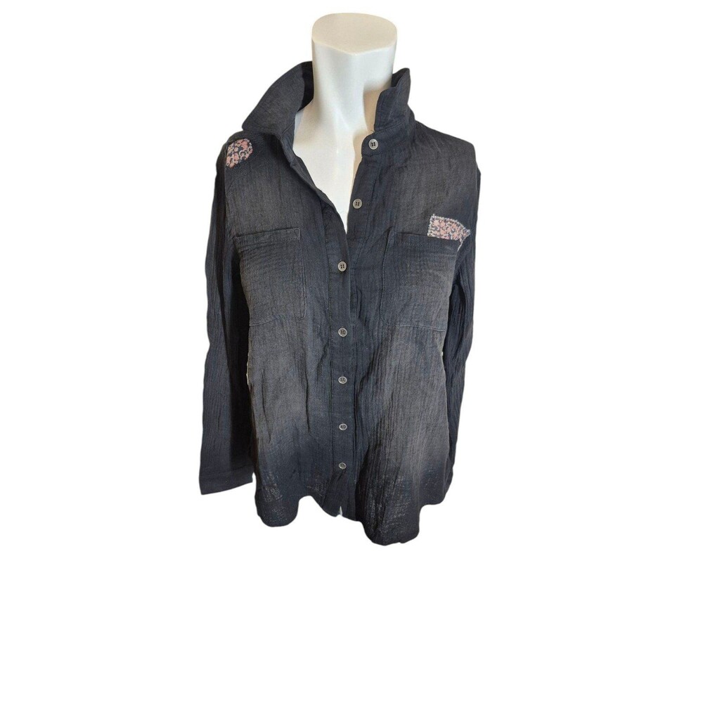 Mystree Muslin Button Down Shirt Boho Embroidered Shirt Black Sz S NEW